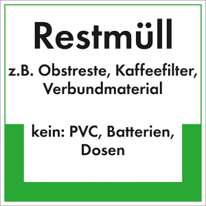 Kennzeichnungsschild Restmüll (Maße (BxH)/Material: 100x100mm/Folie,selbstklebend/umweltschonend (Art.Nr.: 35.6781))