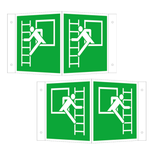 Rettungsschild als Winkelschild Notausstieg mit Fluchtleiter, links / rechts, langnachleuchtend (Maße (BxH)/Weisung: 150 x 150 mm / links (Art.Nr.: 15.a2125))