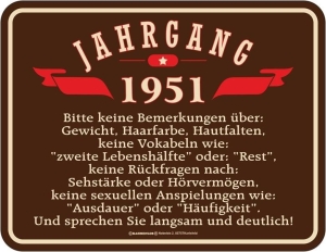 Blechschild JAHRGANG 1951 zum 70. Geburtstag