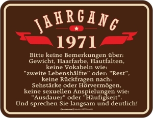 Blechschild JAHRGANG 1971 zum 50. Geburtstag