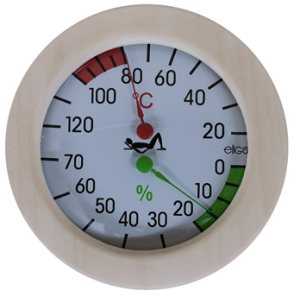 Klimamesser, Thermometer und Hygrometer im Holzrahmen (Messgeräte im runden Holzrahmen: Thermometer)